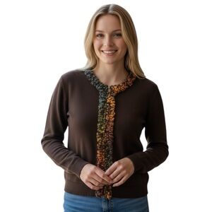 Talbots Cotton Zip Front Cardigan Sweater Brown Multi-Color Trim Women LP
A